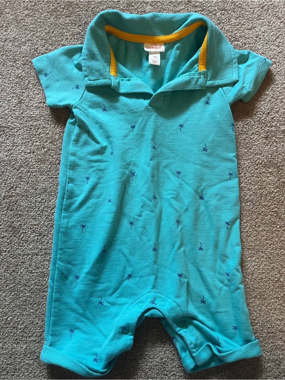 Carter's Turquoise Short-Sleeve Palm-Embroidery One-Piece